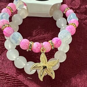 Pink and White Beaded Bracelet with Starfish Charm